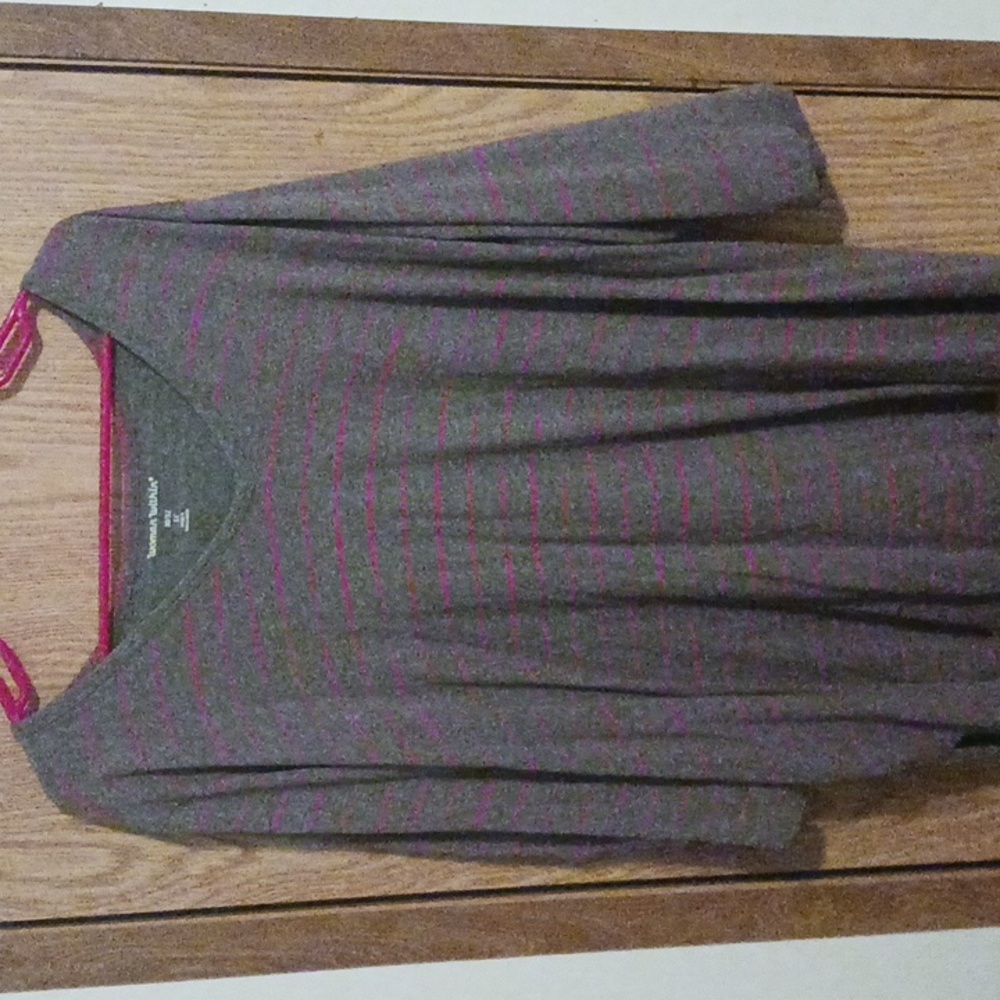 Woman Within 3/4 inch sleeve, gray with horizontal pink strips shirt.